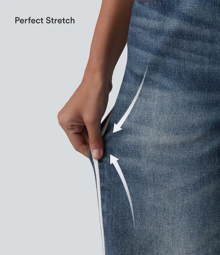 Mid Rise Denim Print French Terry Stripe Casual Sweattrousers Jeans with Pockets