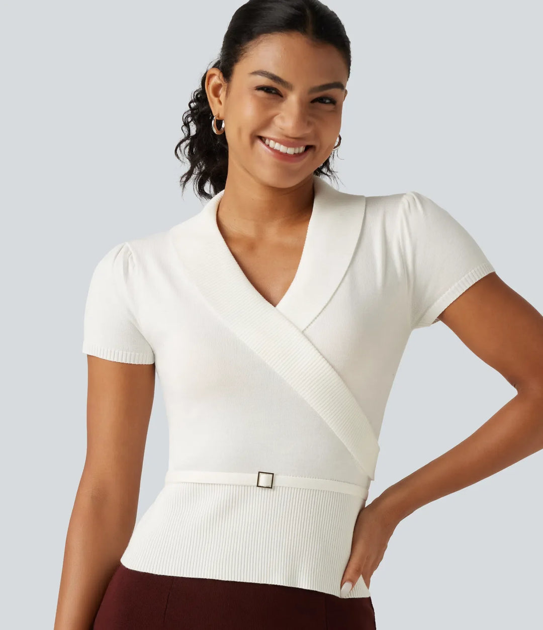 V Neck Short Sleeve Ruched Slim Casual Jumper