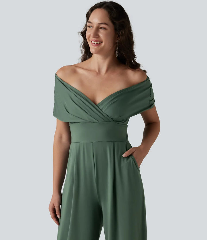 Off Shoulder Short Sleeve Built-in Bra Casual Jumpsuit with Pockets-Easy Peezy Edition