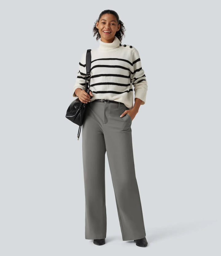 Wrinkle Recovery Mid Rise Straight Leg Work Trousers with Pockets