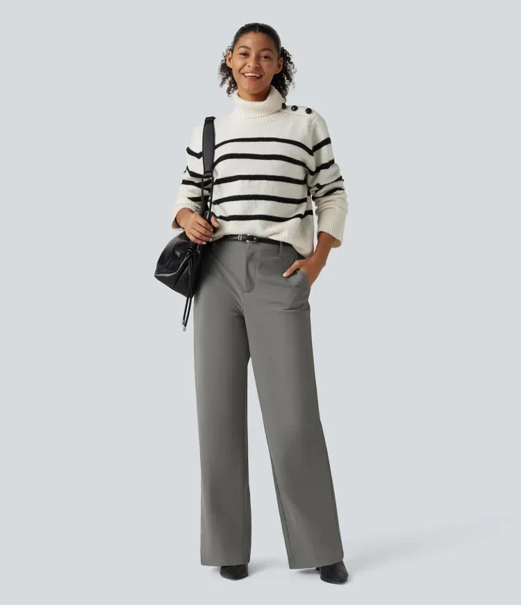 Wrinkle Recovery Mid Rise Straight Leg Work Trousers with Pockets