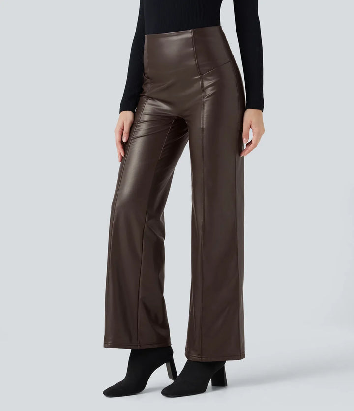 High Waisted Tummy Control Stretchy PU Fleece Casual Flare Trousers with Pockets