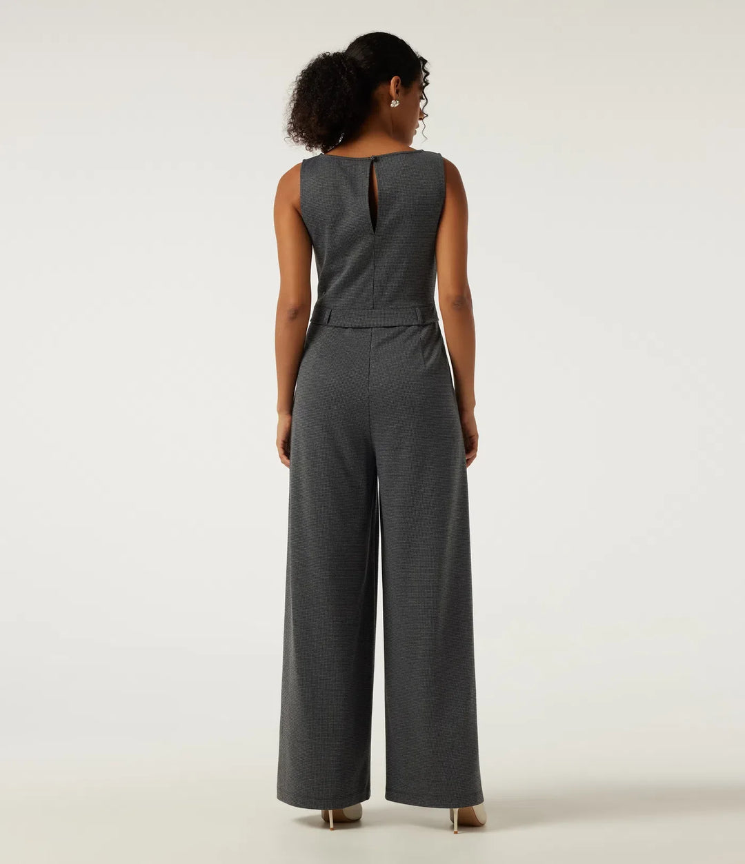 Boat Neck Sleeveless Wide Leg Houndstooth Slim Work Jumpsuits with Pockets -Easy Peezy Edition