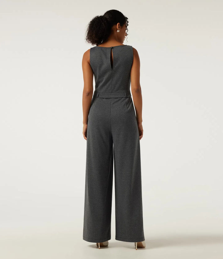 Boat Neck Sleeveless Wide Leg Houndstooth Slim Work Jumpsuits with Pockets -Easy Peezy Edition