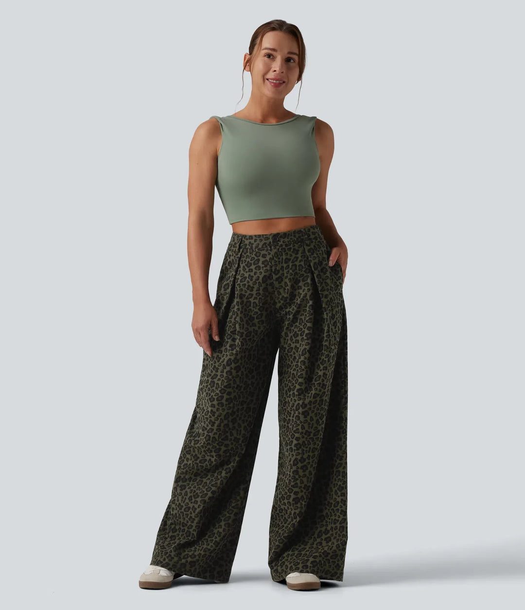 Mid Rise Wide Leg Baggy Leopard Print Casual Trousers with Pockets
