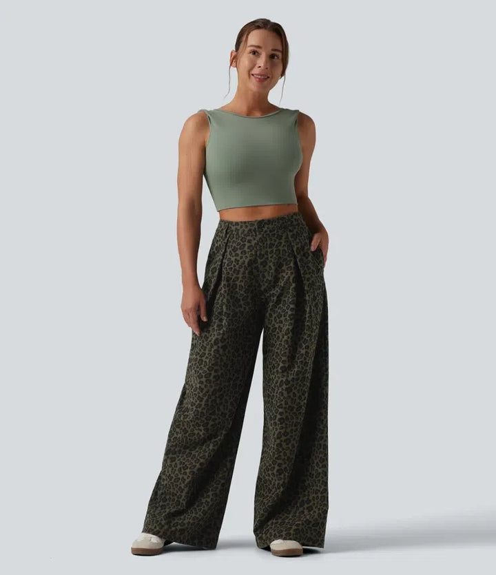 Mid Rise Wide Leg Baggy Leopard Print Casual Trousers with Pockets
