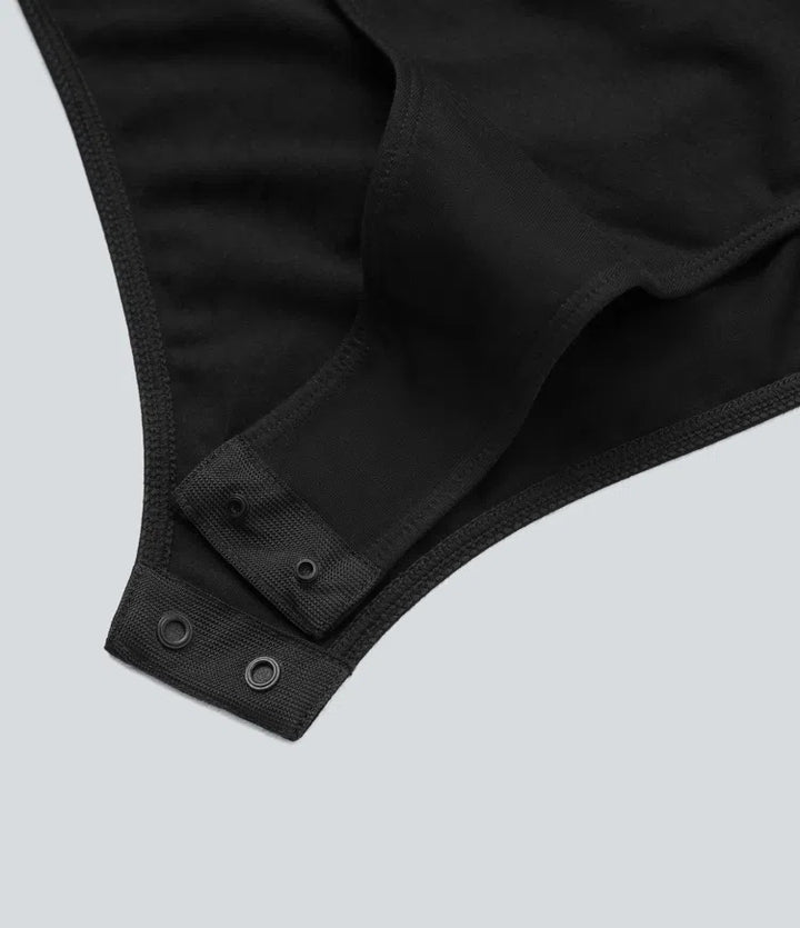 U Neck Short Sleeve Snap Button Skinny Work Bodysuit