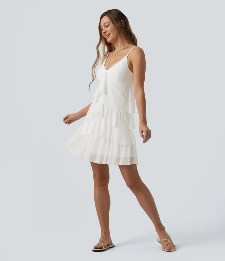 Crisscross Backless Mesh Overlay Built-in Bra Mini Casual Tiered Slip Dress with Pockets