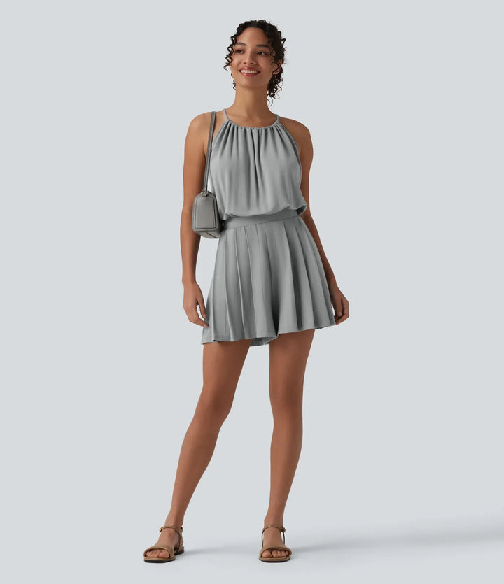 Halter Sleeveless Tie-back Pleated Casual Romper with Pockets-Easy Peezy