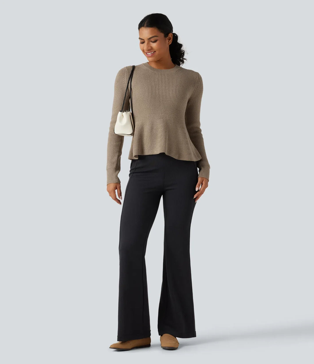 Round Neck Long Sleeve Ruffle Hem Work Jumper