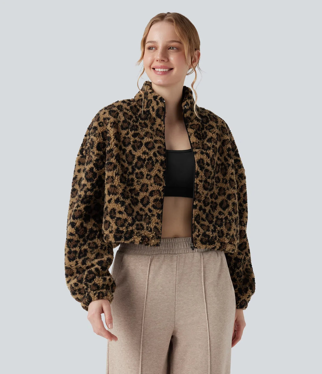 3-in-1 Stand Collar Long Sleeve Thumb Holes Jacket &amp; Drawstring Hem Sherpa Jacket with Pockets