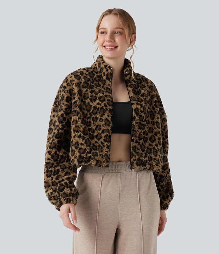 3-in-1 Stand Collar Long Sleeve Thumb Holes Jacket &amp; Drawstring Hem Sherpa Jacket with Pockets