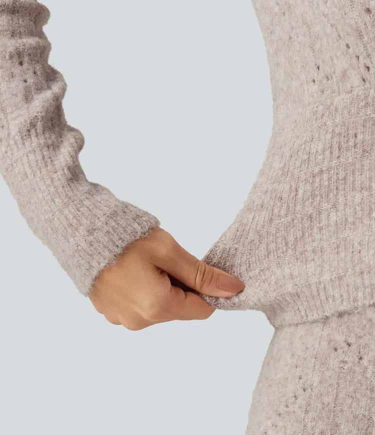 V Neck Long Sleeve Scallop Hem Open Knit Casual Jumper