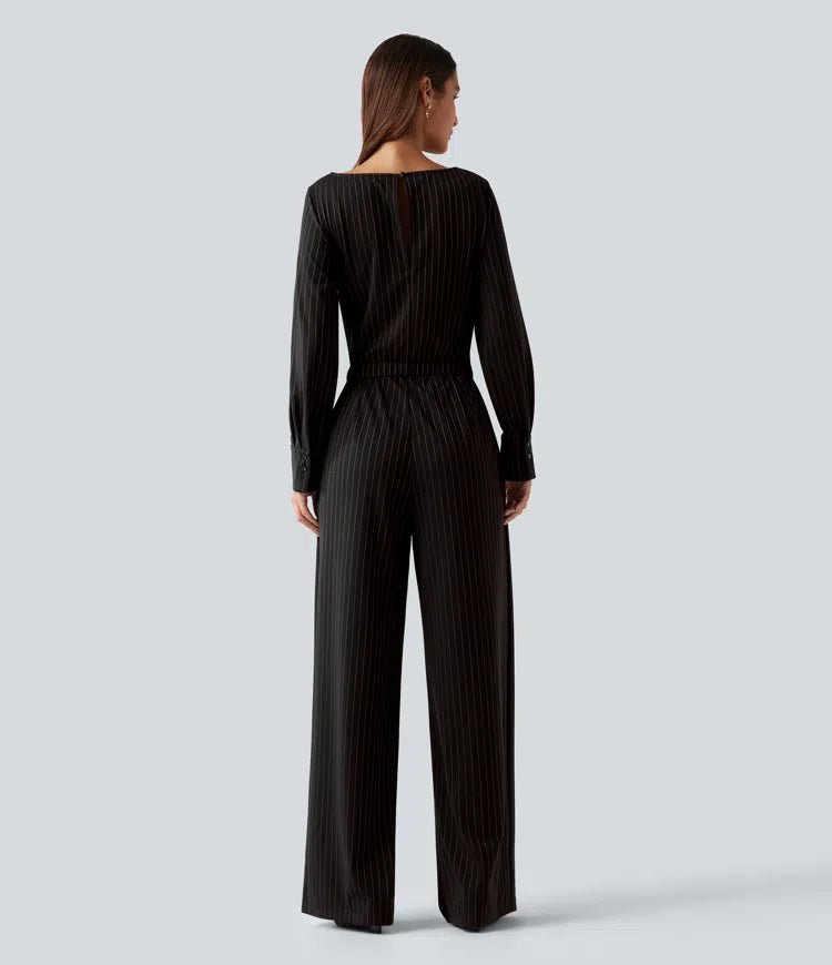 Boat Neck Long Sleeve Tie Side Cool Touch Stripe Work Jumpsuit with Pockets-Easy Peezy Edition