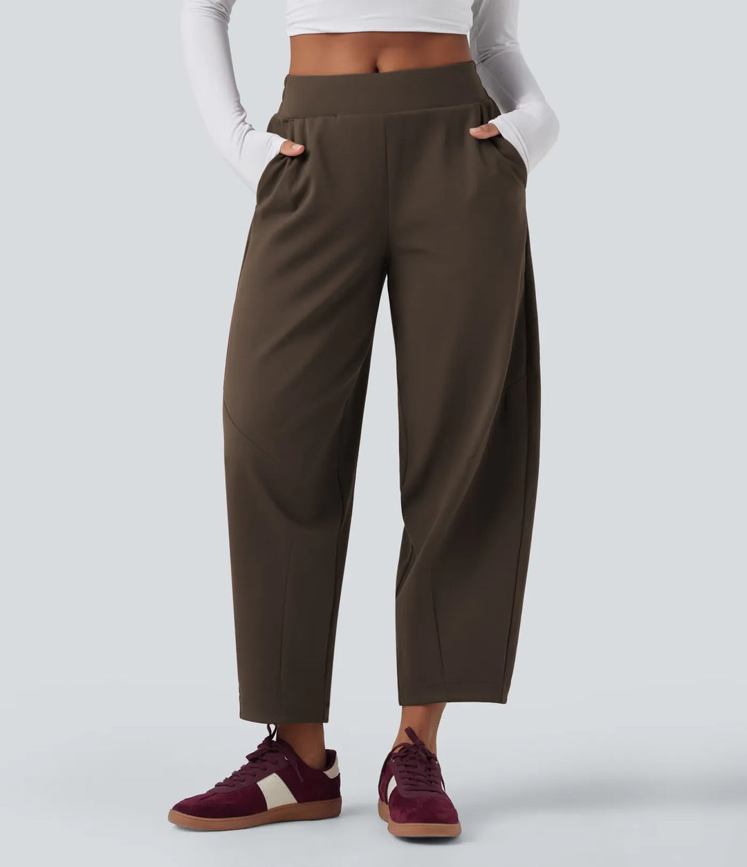DayStretch Mid Rise Casual Barrel Leg Baggy 7/8 Trousers with Pockets