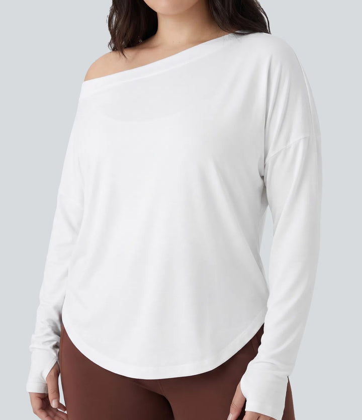 Plus Size One Shoulder Long Sleeve Thumb Hole Curved Hem High Low Quick Dry Yoga Sports Top