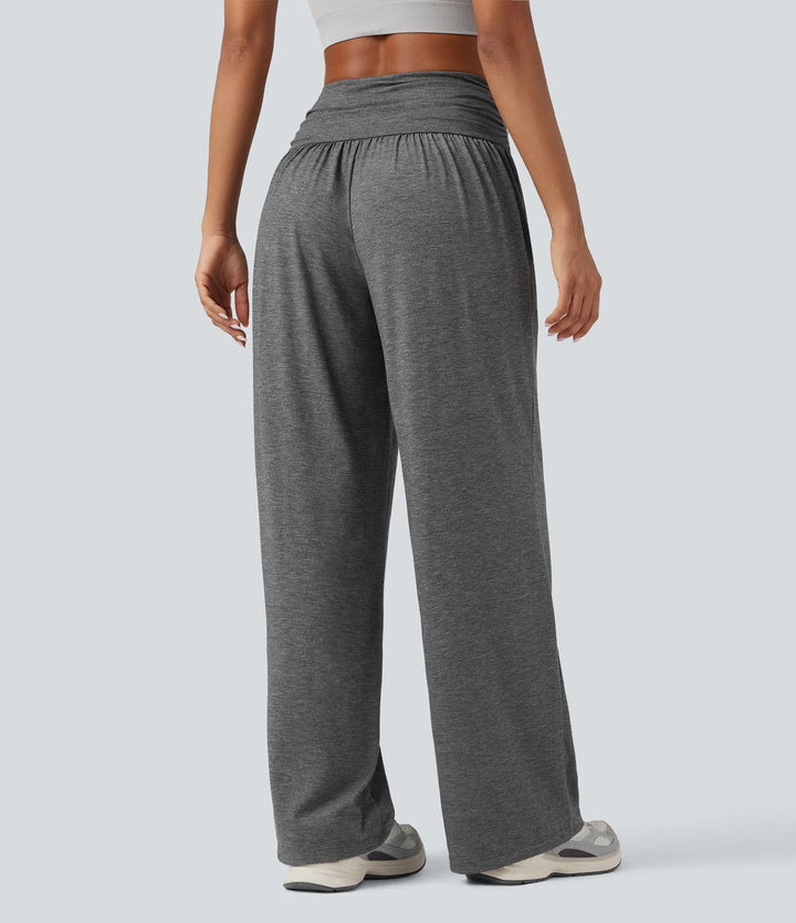 High Waisted Ruched Heathered Yoga Baggy Trousers with Pockets