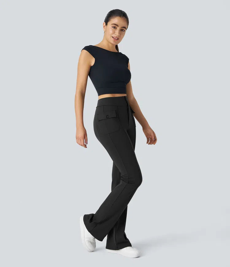 High Waisted Side Flap Pocket Flare Casual Cargo Trousers