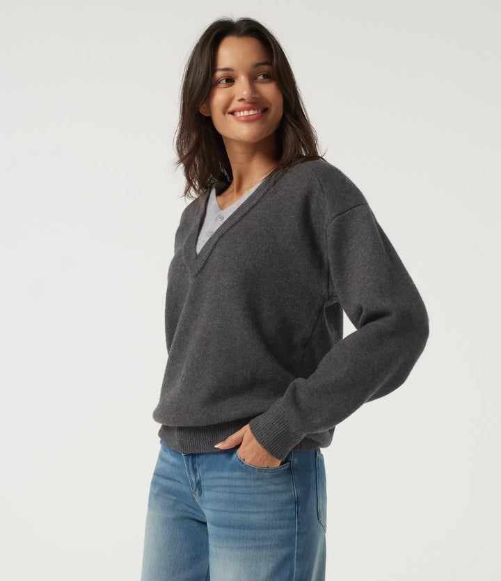 V Neck Dropped Shoulder Long Sleeve 2-in-1 Casual Jumper