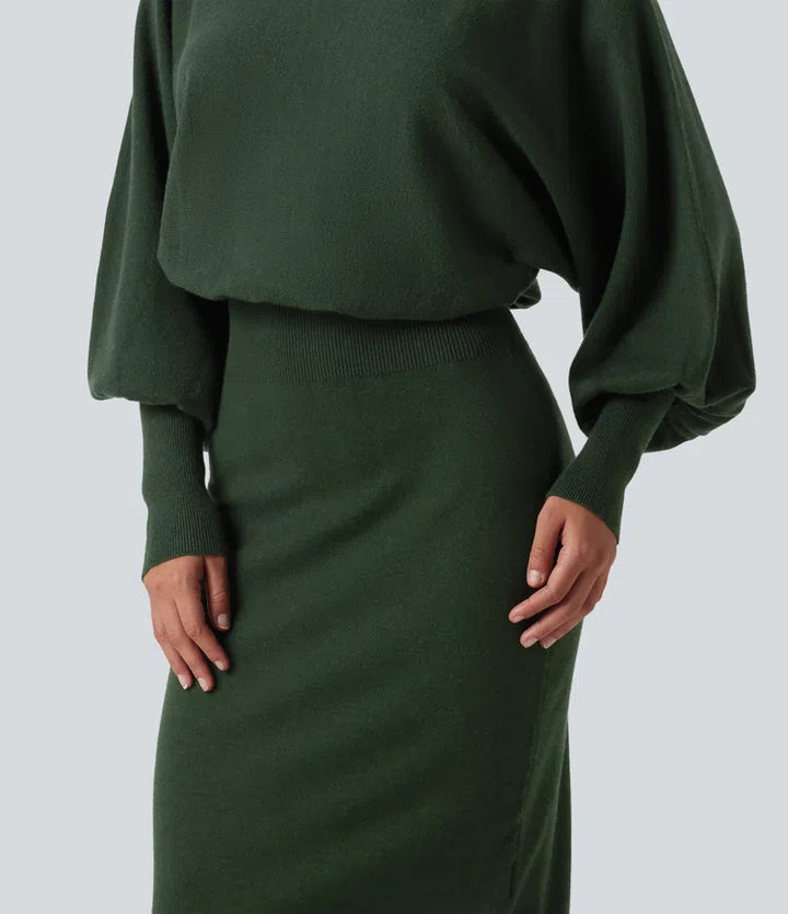 Boat Neck Puff Long Sleeve Work Jumper Dress