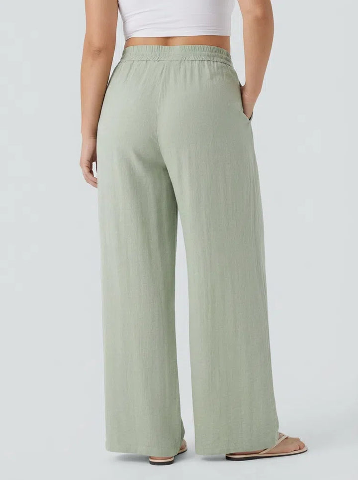 High Waisted Drawstring Linen-Feel Wide Leg Casual Plus Size Trousers with Pockets