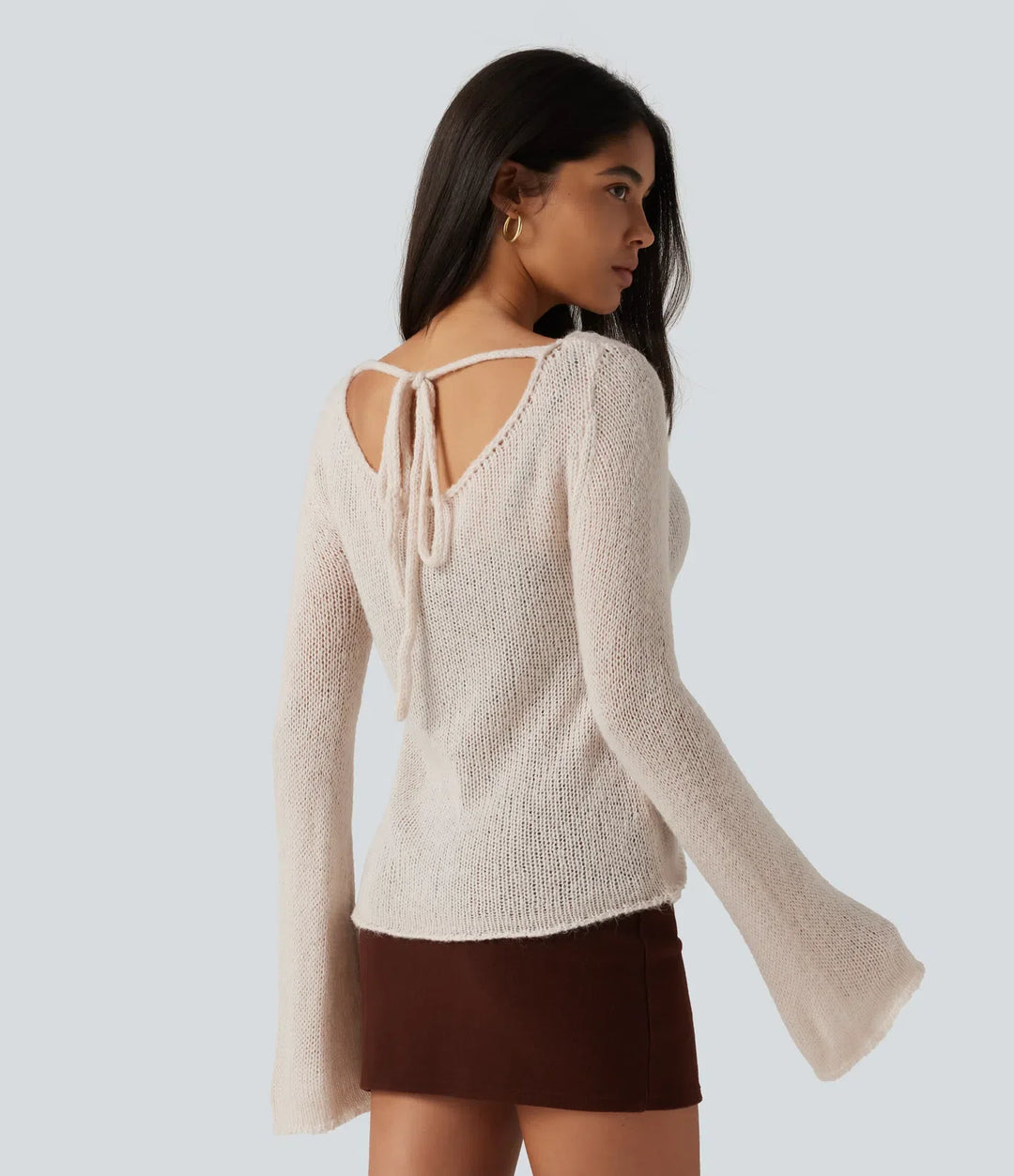 Boat Neck Flounce Long Sleeve Tie Back Casual Wool-Blend Jumper