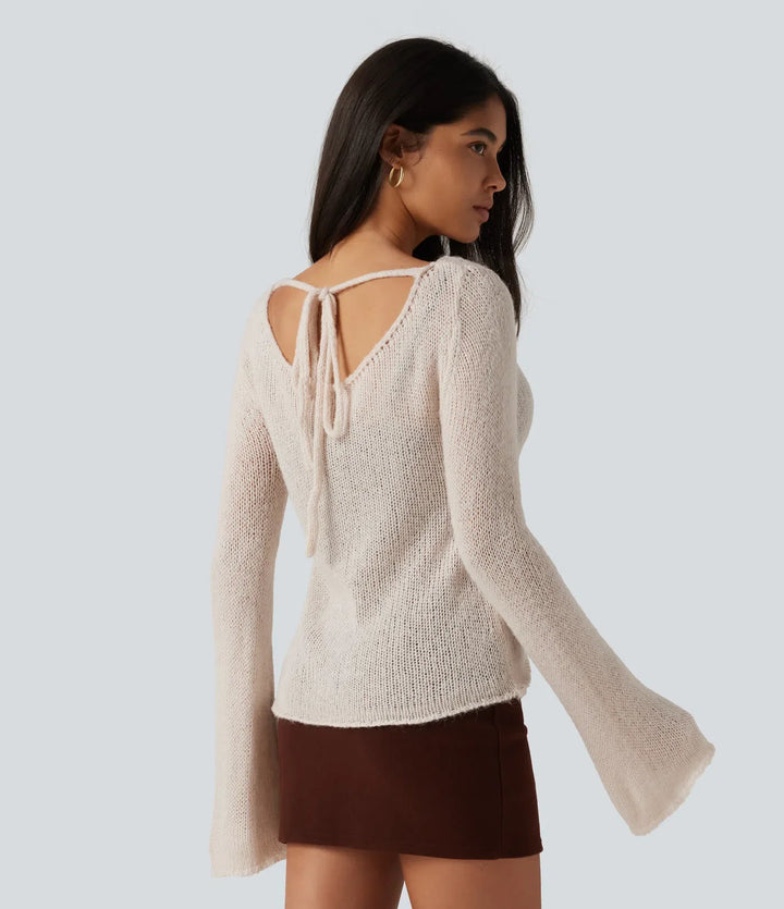 Boat Neck Flounce Long Sleeve Tie Back Casual Wool-Blend Jumper