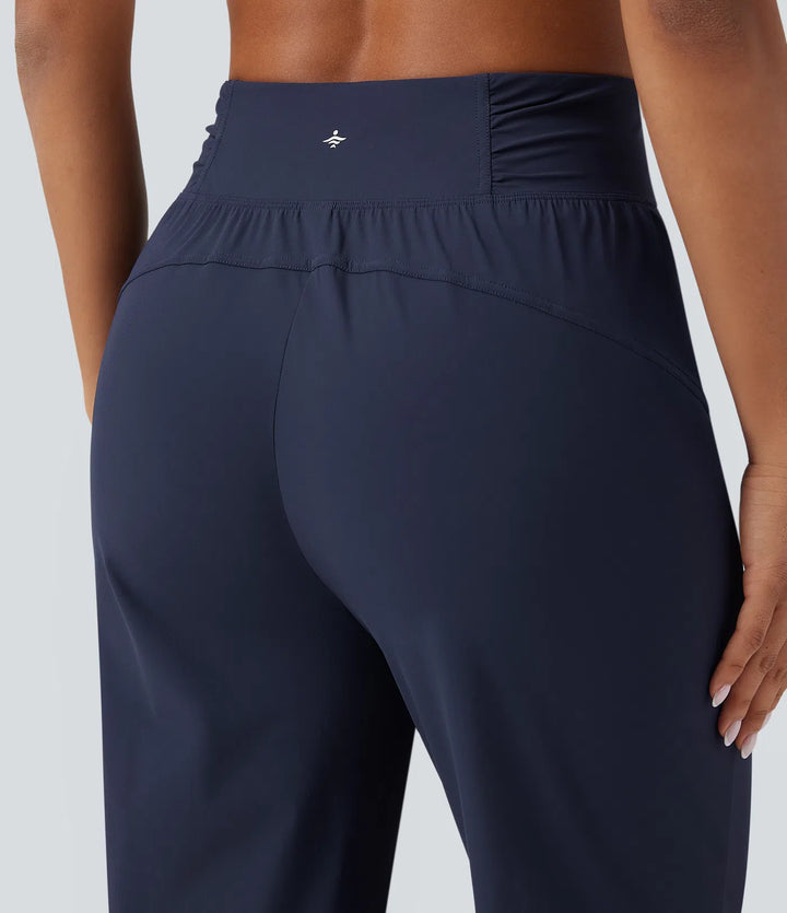 High Waisted Drawstring Ruched Tapered Quick Dry InstantCool Dance Joggers with Pockets-UPF40+