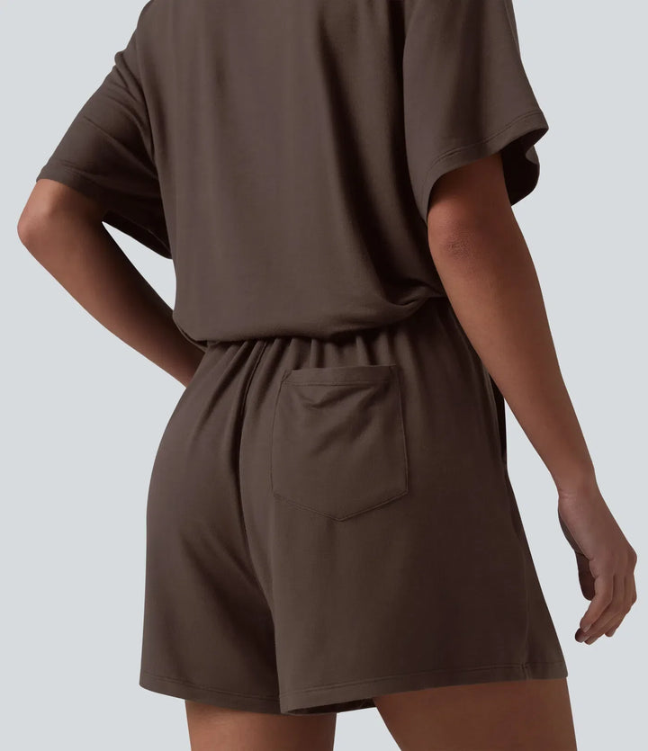 Henley Short Sleeve Casual Romper with Pockets-Easy Peezy