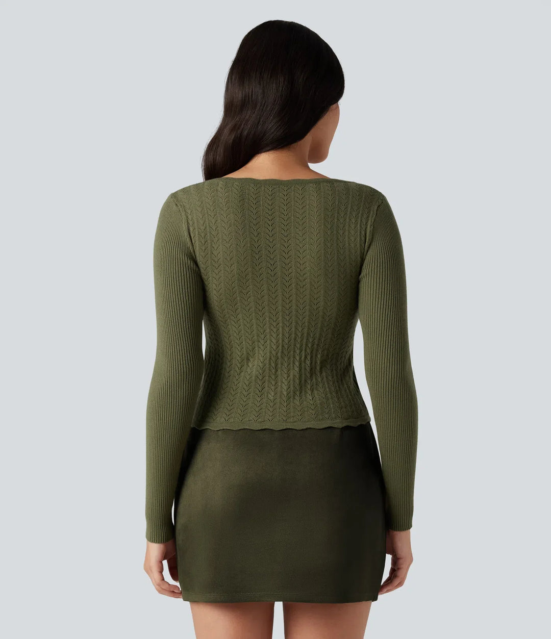 U-Neck Long Sleeve Scallop Trim Casual Jumper