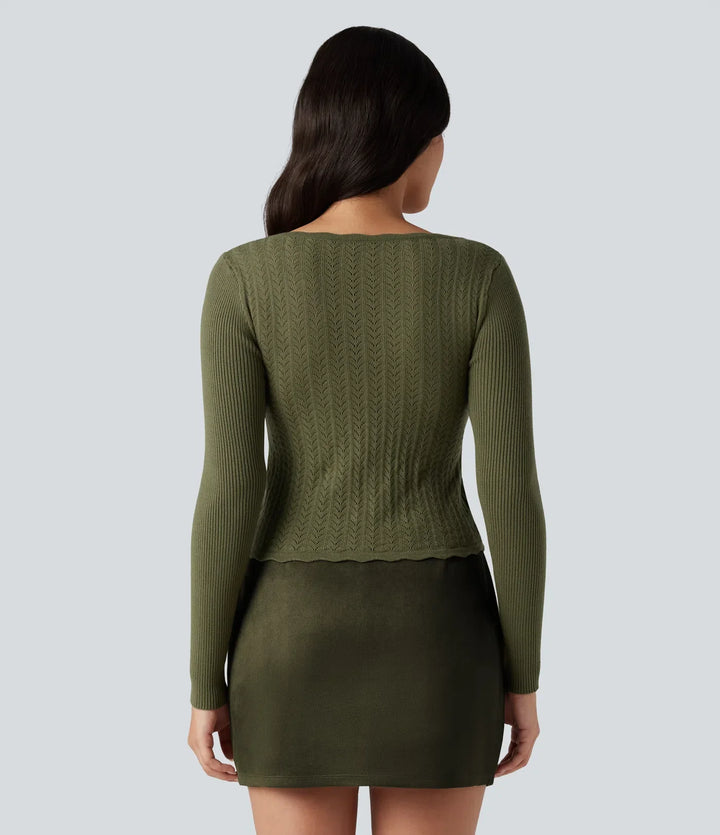 U-Neck Long Sleeve Scallop Trim Casual Jumper