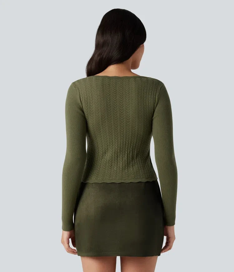 U-Neck Long Sleeve Scallop Trim Casual Jumper