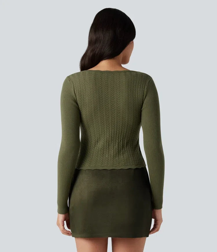 U-Neck Long Sleeve Scallop Trim Casual Jumper