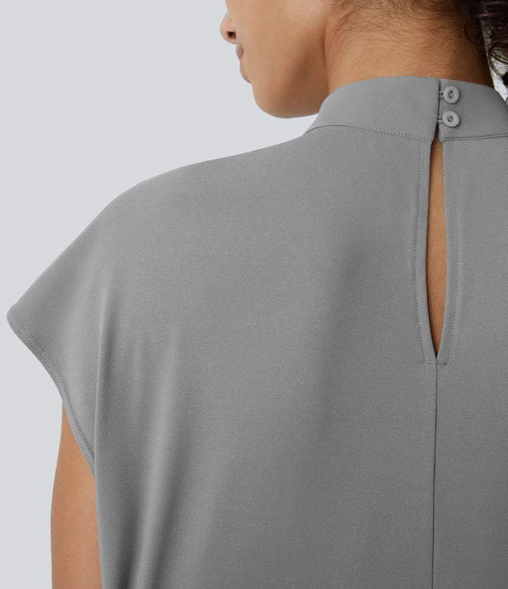 Stand Collar Button Back Cap Sleeve Work Blouse