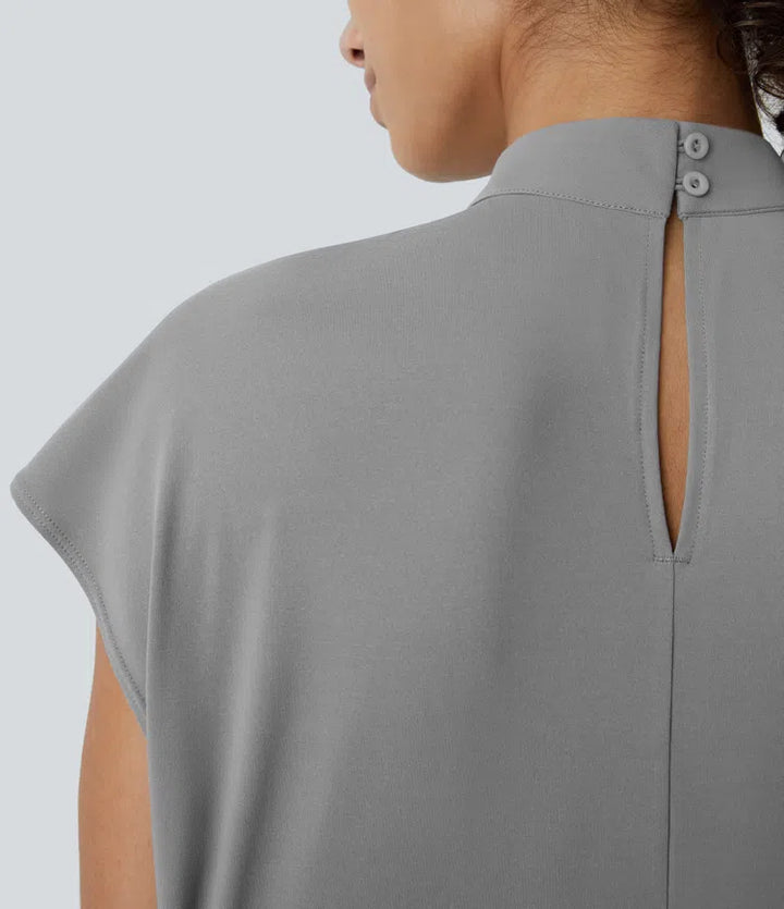 Stand Collar Button Back Cap Sleeve Work Blouse
