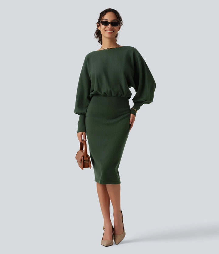 Boat Neck Puff Long Sleeve Work Jumper Dress