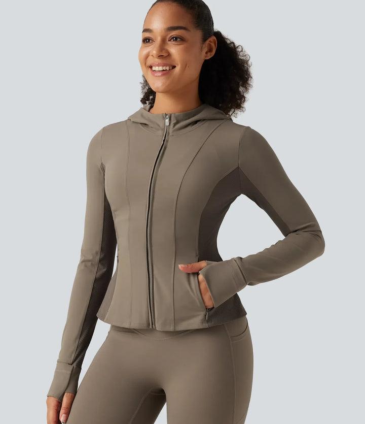 Halara UltraSculpt Hooded Long Sleeve Ruffle Hem Yoga Track Jacket with Pockets and  Thumb Holes