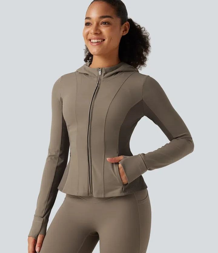 Halara UltraSculpt Hooded Long Sleeve Ruffle Hem Yoga Track Jacket with Pockets and  Thumb Holes
