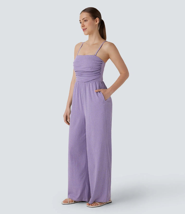 Adjustable &amp; Removable Strap Ruched Pocket Plaid Casual Jumpsuit
