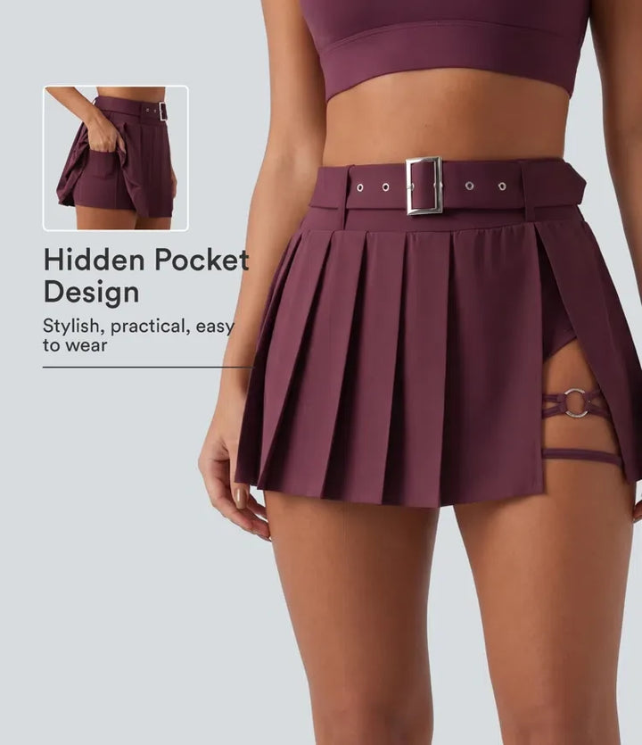Breezeful Mid Rise Belted 2-in-1 Pleated Asymmetric Hem Quick Dry Micro Mini Dance Skirt with Pocket