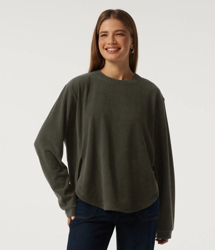 Round Neck Long Sleeve Curved Hem Corduroy Casual Sweatshirt