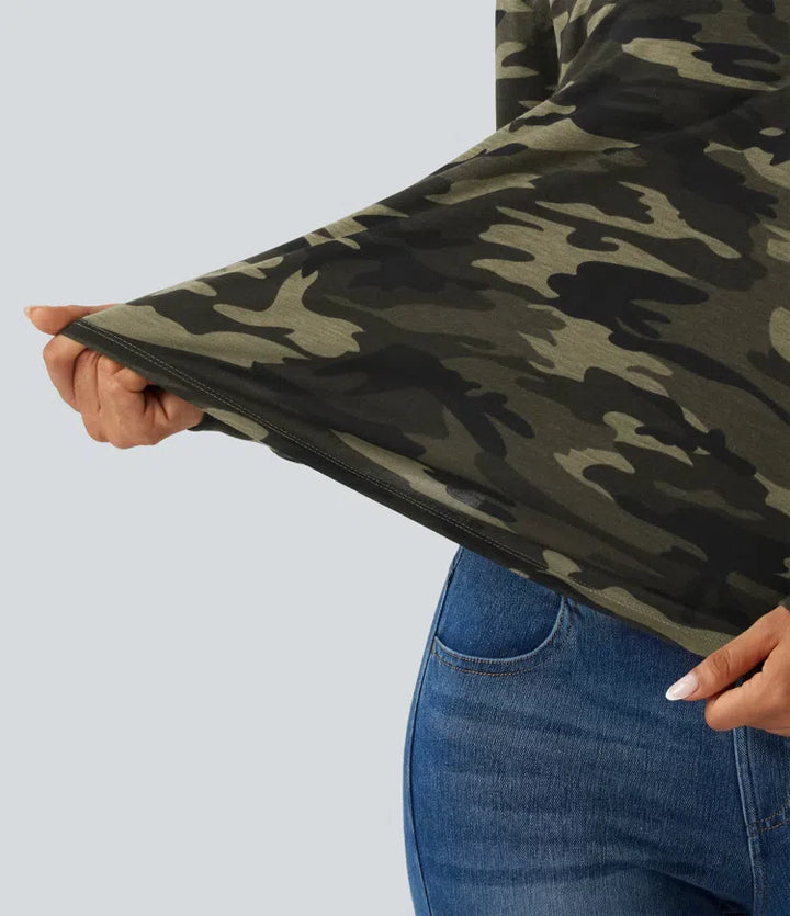 One Shoulder Long Sleeve Camo Casual Top
