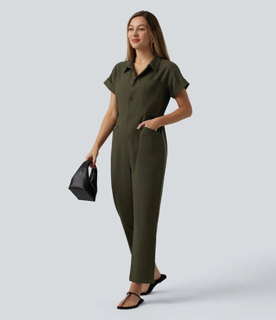 Short Sleeve Casual Jumpsuit with Pockets