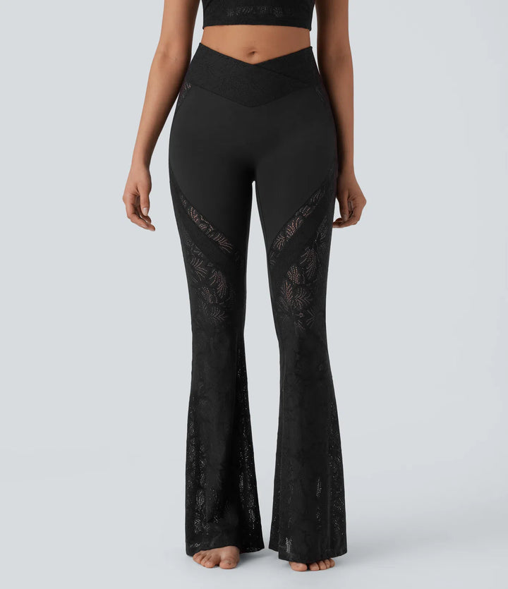 Softlyzero High Waisted Crossover Back Pocket Contrast Lace Flared Yoga Leggings