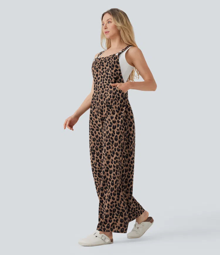 Leopard Print Waffle Casual Dungarees with Pockets
