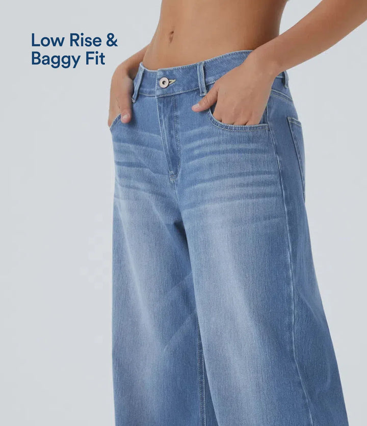 Halara Flex Low Rise Zipper Pockets Washed Baggy Wide Leg Casual Jeans
