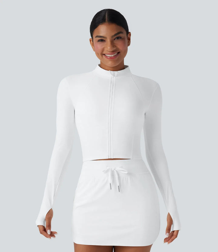 SoftlyZero Plush Stand Collar Zip Thumb Holes Cropped Golf Jacket