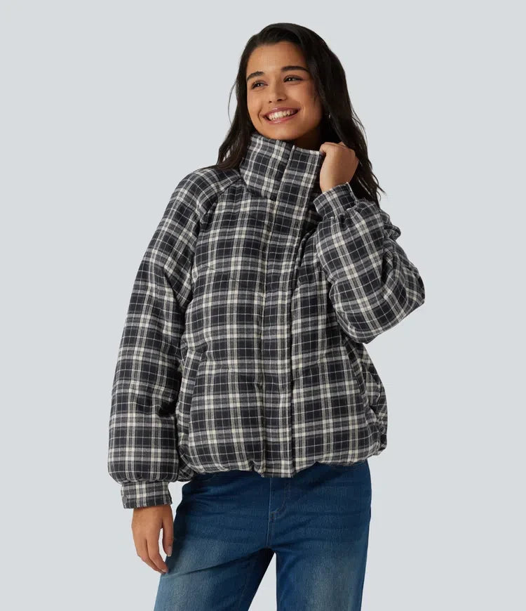 Stand Collar Long Sleeve Plaid Casual Padded Jacket with Pockets
