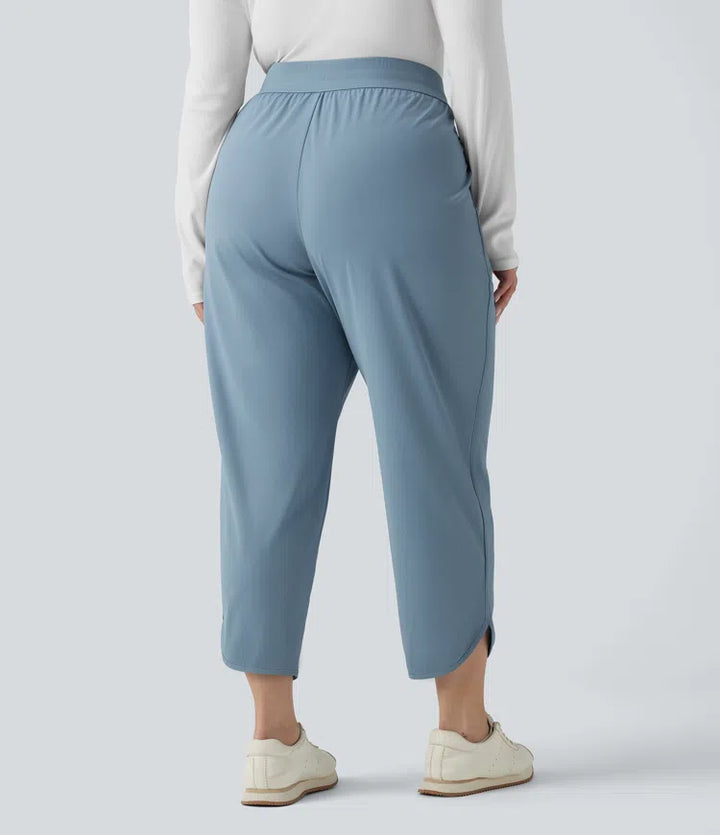 Plus Size Mid Rise Drawstring Curved Hem Quick Dry Golf Tapered Trousers with Pockets-UPF40+