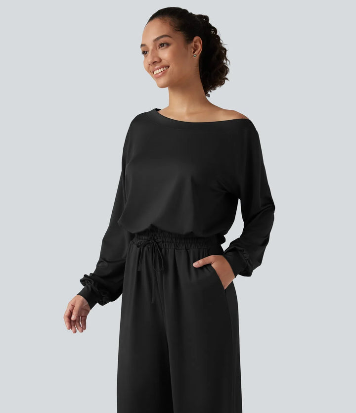 One Shoulder Long Sleeve Drawstring Baggy Casual Jumpsuit with Pockets-Easy Peezy Edition